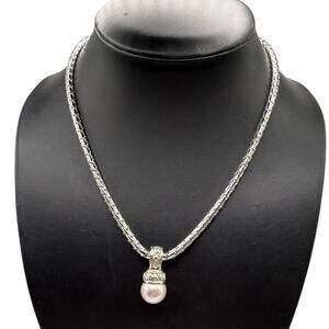 John Medeiros Pink Pearl Pendant Rhodium-plated Wheat Chain with 14K Gold Accent